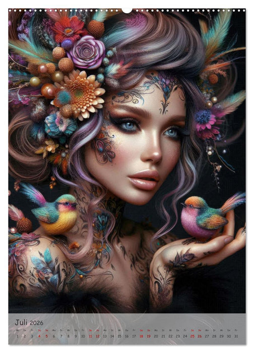 Fantasievolle Frauenporträts - Blütenzauber und Paradiesvögel (CALVENDO Premium Wandkalender 2026)