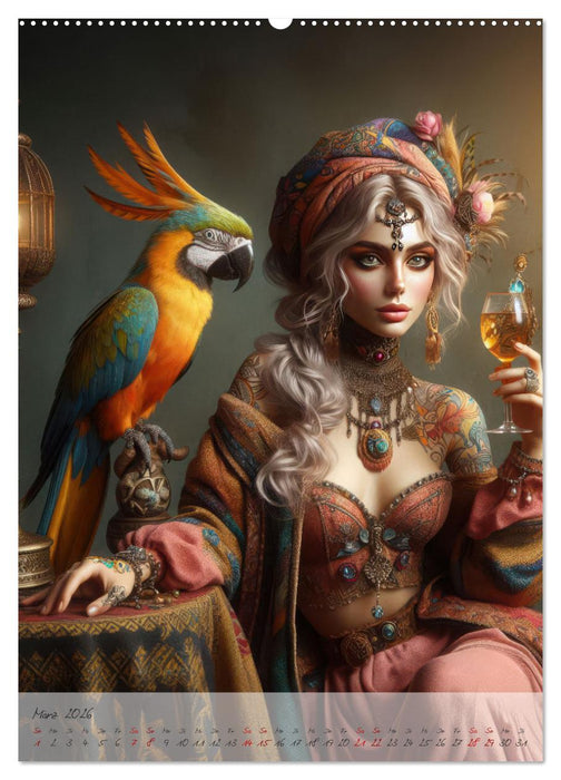 Eleganz der Exotik - Femme Fatale im Bohème-Chic mit tierischen Begleitern (CALVENDO Premium Wandkalender 2026)