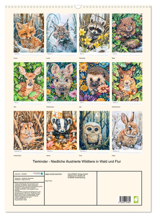 Tierkinder - Niedliche illustrierte Wildtiere in Wald und Flur (CALVENDO Wandkalender 2026)