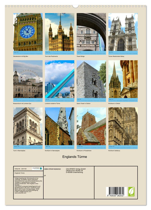 Englands Türme (CALVENDO Premium Wandkalender 2026)