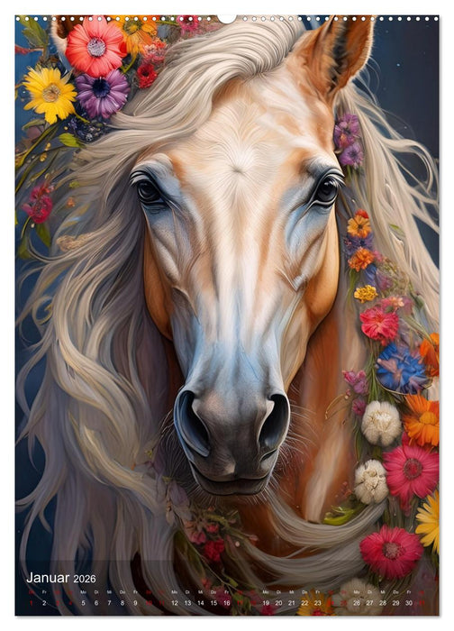 Pferde im Blütenzauber – Blumige Portraits edler Vierbeiner (CALVENDO Premium Wandkalender 2026)