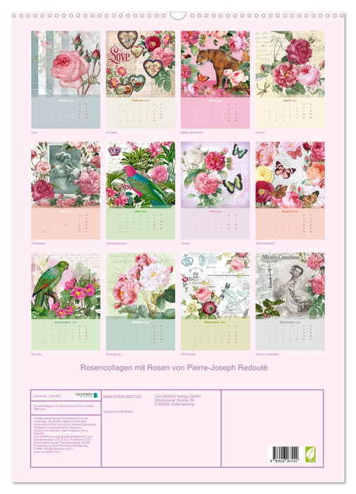 Rosencollagen mit Rosen von Pierre-Joseph Redouté (CALVENDO Wandkalender 2026)
