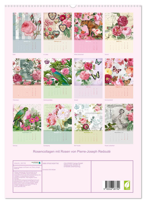 Rosencollagen mit Rosen von Pierre-Joseph Redouté (CALVENDO Premium Wandkalender 2026)