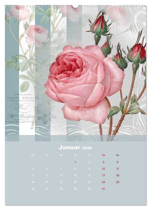 Rosencollagen mit Rosen von Pierre-Joseph Redouté (CALVENDO Premium Wandkalender 2026)