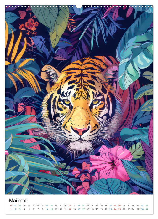 Dschungeltiere im Pop-Art Stil (CALVENDO Premium Wandkalender 2026)