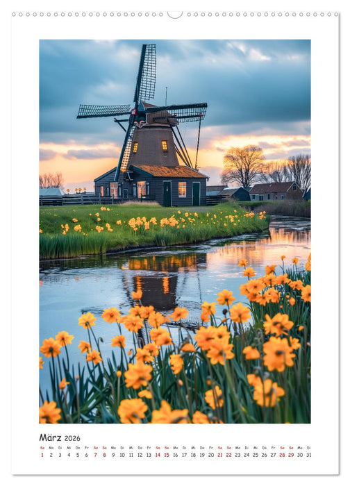 Windmühlen - Zauberhaft mit einer KI in Szene gesetzt (CALVENDO Premium Wandkalender 2026)