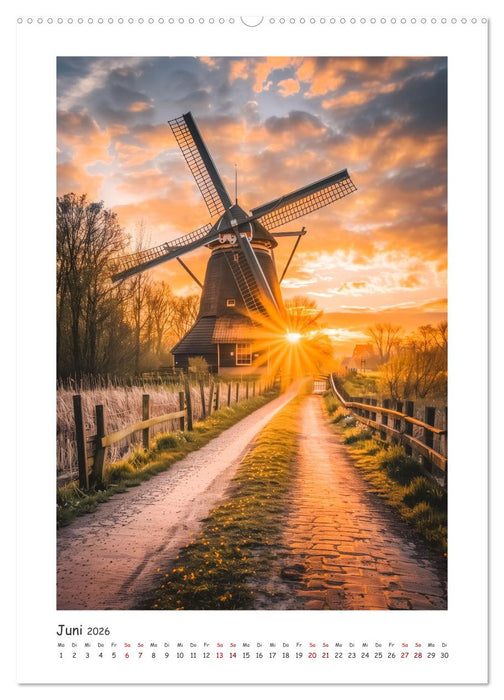 Windmühlen - Zauberhaft mit einer KI in Szene gesetzt (CALVENDO Premium Wandkalender 2026)