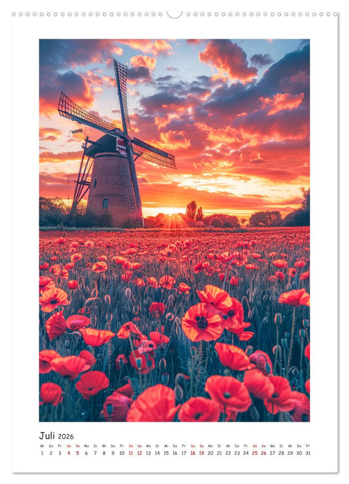 Windmühlen - Zauberhaft mit einer KI in Szene gesetzt (CALVENDO Premium Wandkalender 2026)