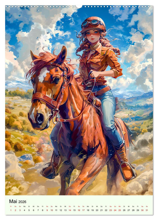 Pferdeglück - Anime-Mädchen erkunden die Natur (CALVENDO Premium Wandkalender 2026)