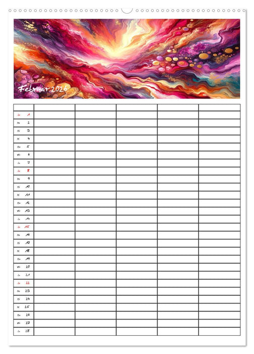 Pouring Art Familienplaner - Durch das Jahr mit KI-kreierter Pouring Kunst (CALVENDO Wandkalender 2026)