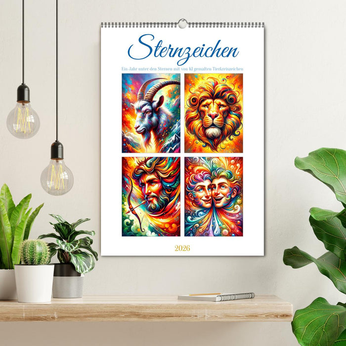 Sternzeichen - Ein Jahr unter den Sternen mit von KI gemalten Tierkreiszeichen (CALVENDO Wandkalender 2026)