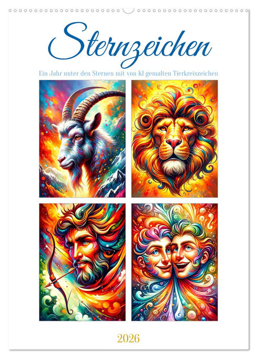 Sternzeichen - Ein Jahr unter den Sternen mit von KI gemalten Tierkreiszeichen (CALVENDO Wandkalender 2026)