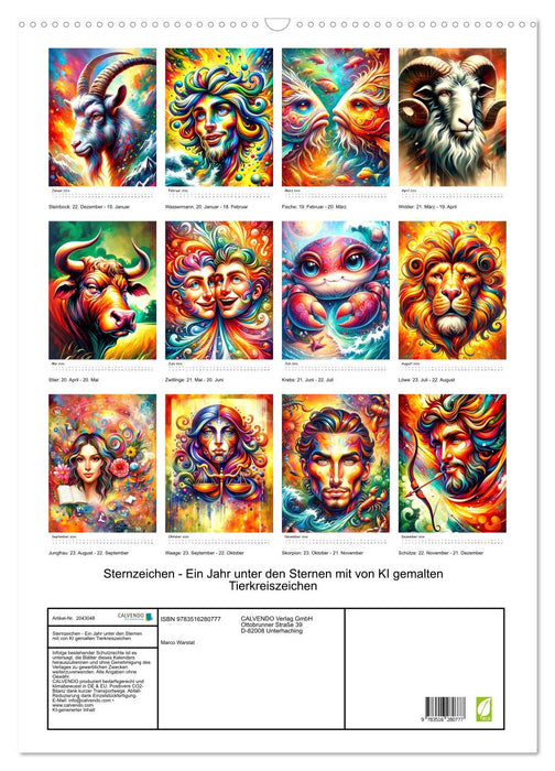 Sternzeichen - Ein Jahr unter den Sternen mit von KI gemalten Tierkreiszeichen (CALVENDO Wandkalender 2026)