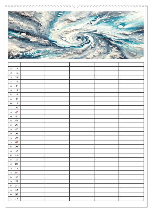 Pouring Art Familienplaner - Durch das Jahr mit KI-kreierter Pouring Kunst (CALVENDO Premium Wandkalender 2026)