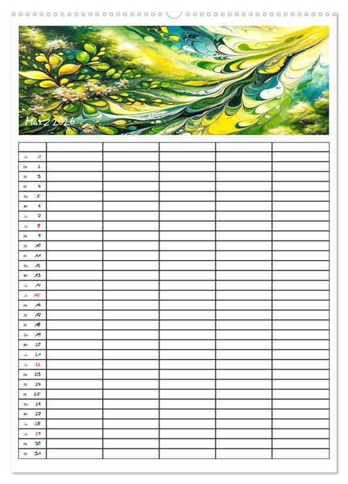 Pouring Art Familienplaner - Durch das Jahr mit KI-kreierter Pouring Kunst (CALVENDO Premium Wandkalender 2026)
