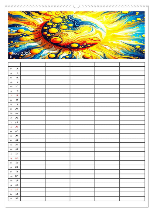 Pouring Art Familienplaner - Durch das Jahr mit KI-kreierter Pouring Kunst (CALVENDO Premium Wandkalender 2026)