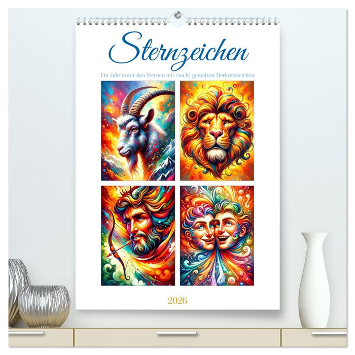 Sternzeichen - Ein Jahr unter den Sternen mit von KI gemalten Tierkreiszeichen (CALVENDO Premium Wandkalender 2026)