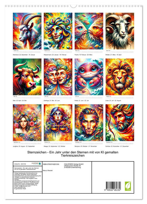 Sternzeichen - Ein Jahr unter den Sternen mit von KI gemalten Tierkreiszeichen (CALVENDO Premium Wandkalender 2026)
