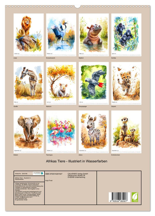 Afrikas Tiere - Illustriert in Wasserfarben (CALVENDO Premium Wandkalender 2026)