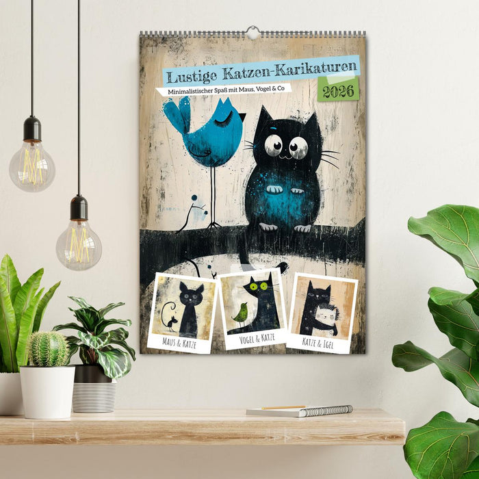 Lustige Katzen-Karikaturen - Minimalistischer Spaß mit Maus, Vogel und Co (CALVENDO Wandkalender 2026)