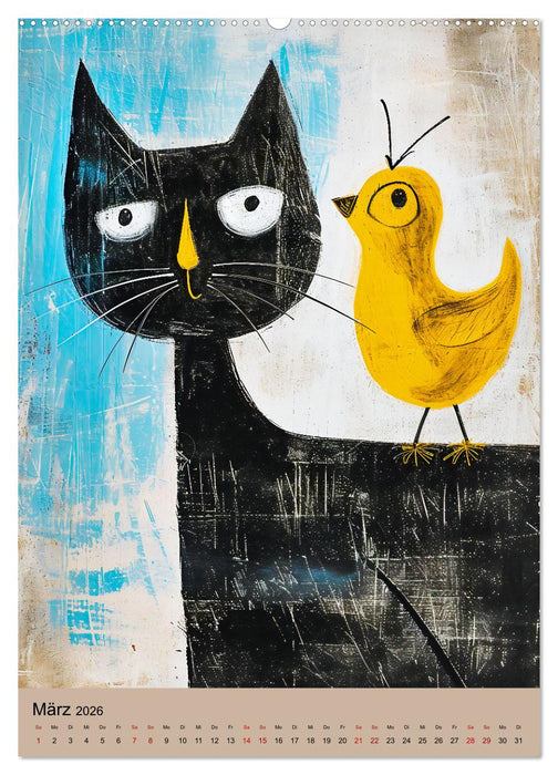 Lustige Katzen-Karikaturen - Minimalistischer Spaß mit Maus, Vogel und Co (CALVENDO Wandkalender 2026)