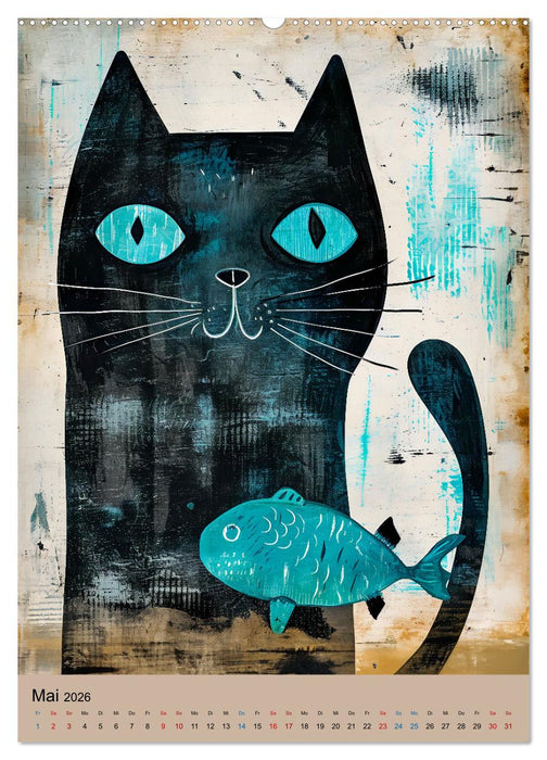 Lustige Katzen-Karikaturen - Minimalistischer Spaß mit Maus, Vogel und Co (CALVENDO Premium Wandkalender 2026)