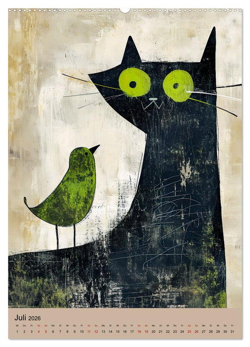 Lustige Katzen-Karikaturen - Minimalistischer Spaß mit Maus, Vogel und Co (CALVENDO Premium Wandkalender 2026)