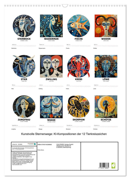 Kunstvolle Sternenwege: KI-Kompositionen der 12 Tierkreiszeichen (CALVENDO Wandkalender 2026)