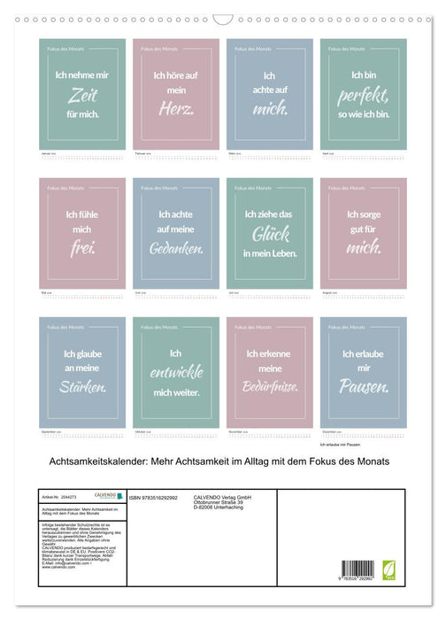 Achtsamkeitskalender: Mehr Achtsamkeit im Alltag mit dem Fokus des Monats (CALVENDO Wandkalender 2026)