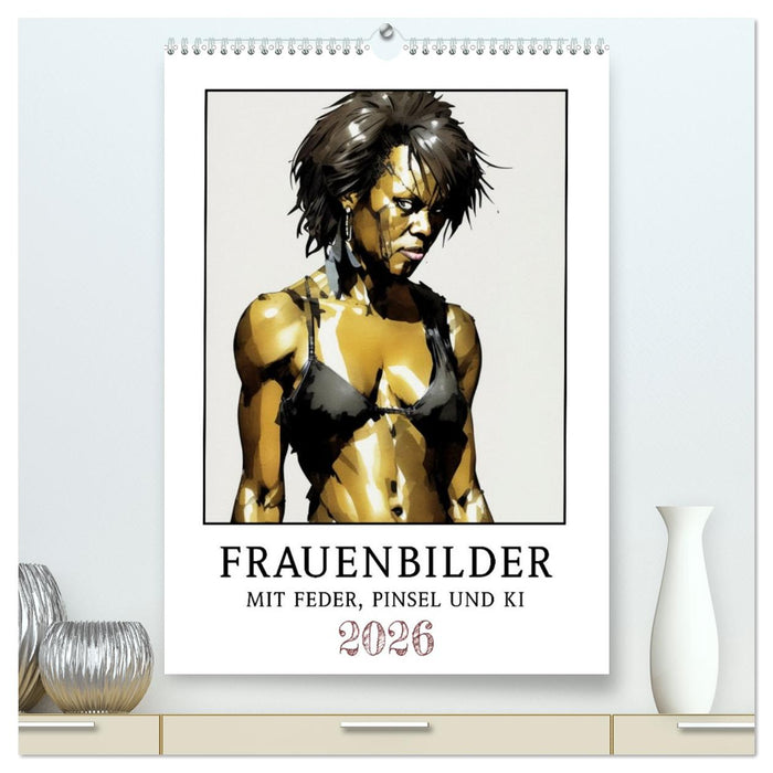 Frauenbilder mit Feder, Pinsel und KI (CALVENDO Premium Wandkalender 2026)