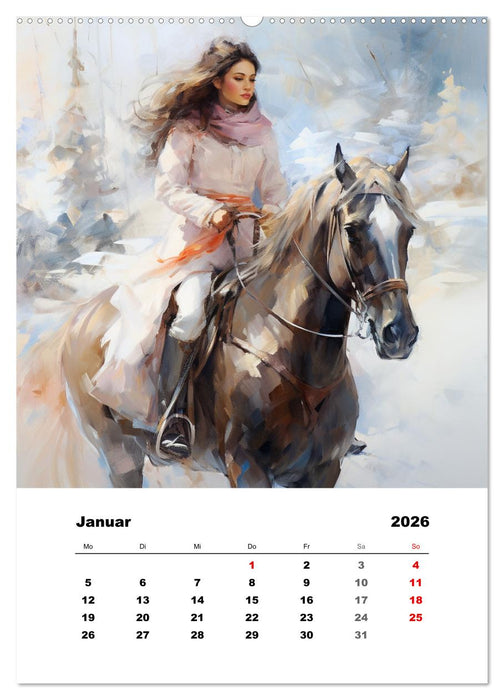 Hoch zu Ross. Mit Reiter-Aquarellen durch die Jahreszeiten (CALVENDO Premium Wandkalender 2026)