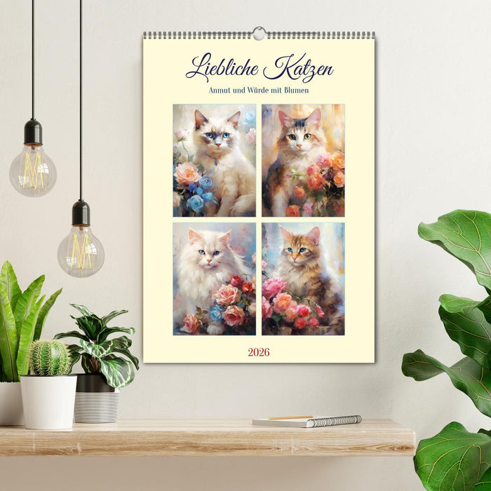 Liebliche Katzen. Anmut und Würde mit Blumen (CALVENDO Wandkalender 2026)