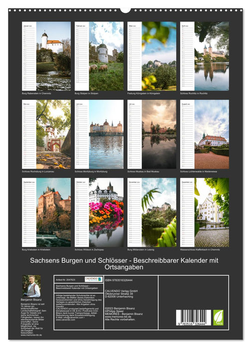 Sachsens Burgen und Schlösser - Beschreibbarer Kalender mit Ortsangaben (CALVENDO Premium Wandkalender 2026)