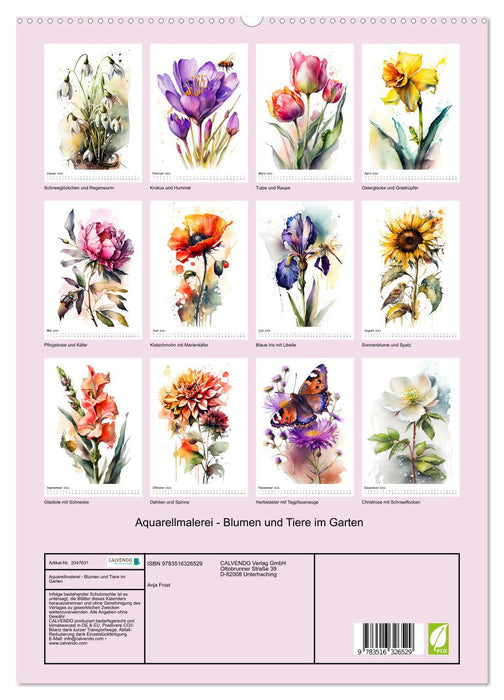 Aquarellmalerei - Blumen und Tiere im Garten (CALVENDO Premium Wandkalender 2026)