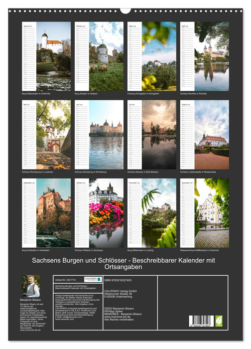 Sachsens Burgen und Schlösser - Beschreibbarer Kalender mit Ortsangaben (CALVENDO Wandkalender 2026)
