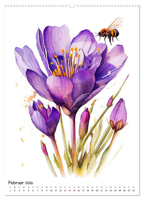 Aquarellmalerei - Blumen und Tiere im Garten (CALVENDO Wandkalender 2026)