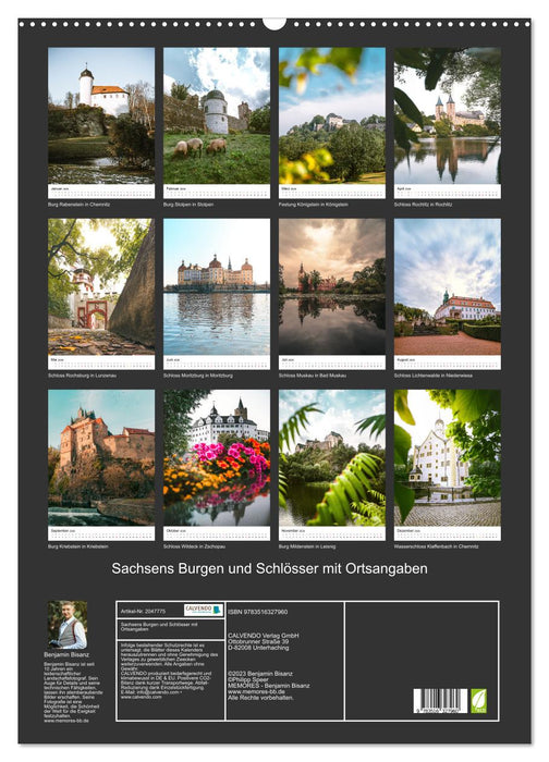 Sachsens Burgen und Schlösser mit Ortsangaben (CALVENDO Wandkalender 2026)