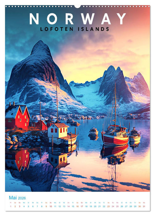 Lofoten - Old School Poster Style (CALVENDO Premium Wandkalender 2026)