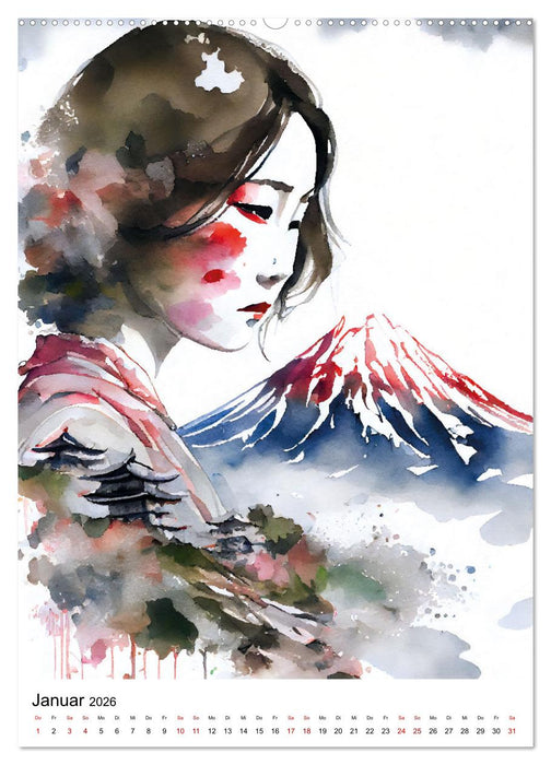 Geisha Aquarelle - Japanische Kulturdamen, Landschaft und Sakura (CALVENDO Premium Wandkalender 2026)