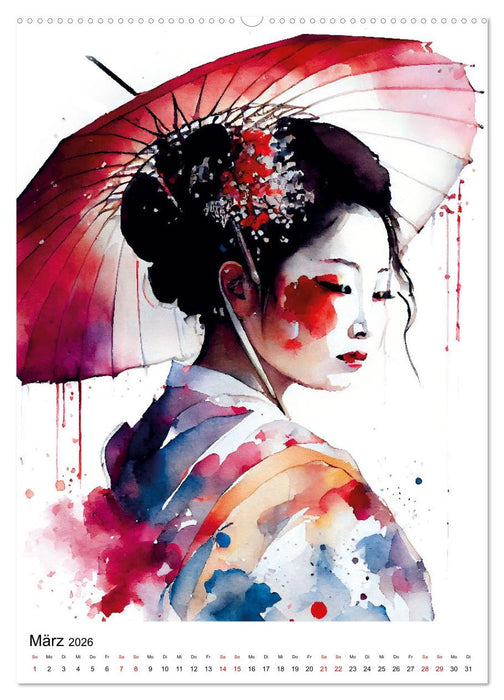 Geisha Aquarelle - Japanische Kulturdamen, Landschaft und Sakura (CALVENDO Premium Wandkalender 2026)