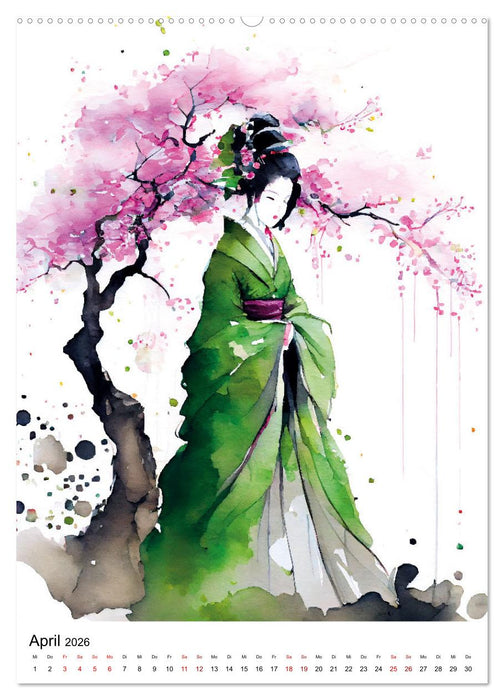 Geisha Aquarelle - Japanische Kulturdamen, Landschaft und Sakura (CALVENDO Premium Wandkalender 2026)