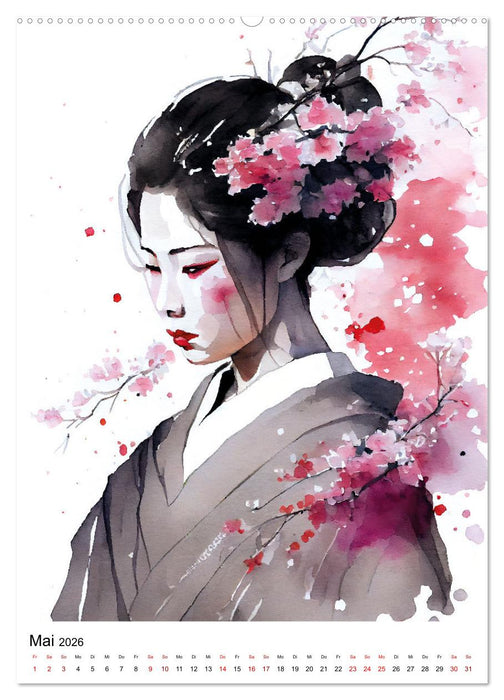 Geisha Aquarelle - Japanische Kulturdamen, Landschaft und Sakura (CALVENDO Premium Wandkalender 2026)