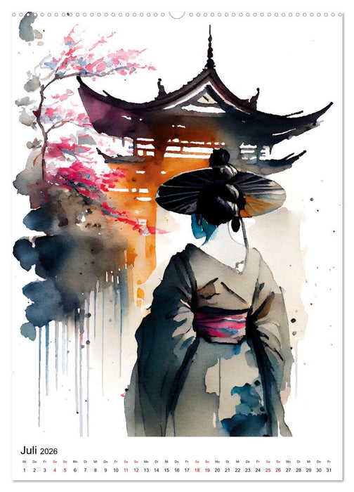Geisha Aquarelle - Japanische Kulturdamen, Landschaft und Sakura (CALVENDO Premium Wandkalender 2026)