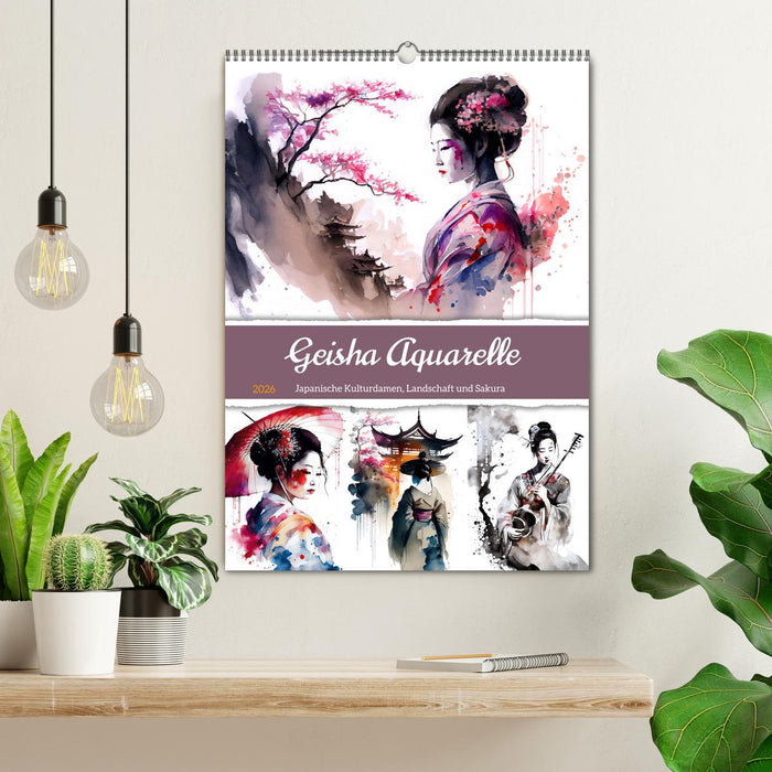 Geisha Aquarelle - Japanische Kulturdamen, Landschaft und Sakura (CALVENDO Wandkalender 2026)