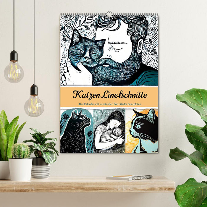 Katzen Linolschnitt - Der Kalender mit kunstvollen Porträts der Samtpfoten (CALVENDO Wandkalender 2026)