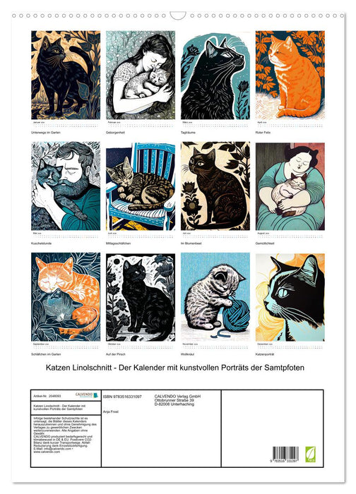 Katzen Linolschnitt - Der Kalender mit kunstvollen Porträts der Samtpfoten (CALVENDO Wandkalender 2026)