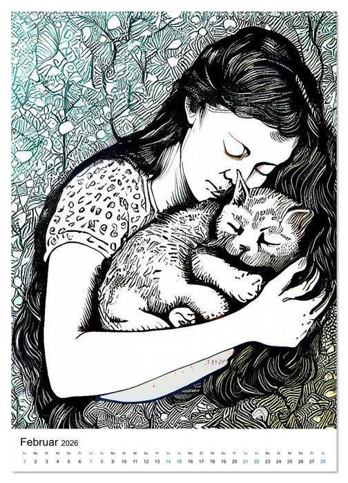 Katzen Linolschnitt - Der Kalender mit kunstvollen Porträts der Samtpfoten (CALVENDO Wandkalender 2026)