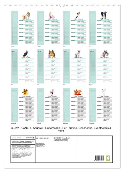 B-DAY PLANER - Aquarell Hunderassen - Für Termine, Geschenke, Eventdetails & mehr (CALVENDO Wandkalender 2026)