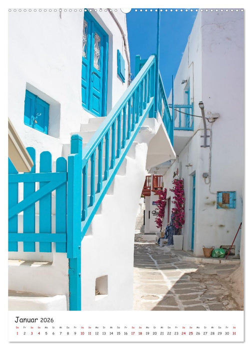 Treppauf, treppab in den Altstadtgassen von Mykonos (CALVENDO Premium Wandkalender 2026)