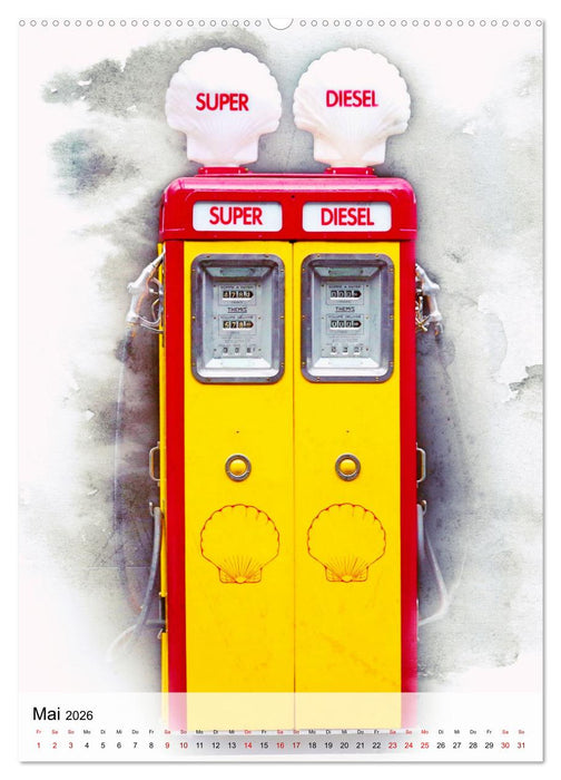 Gasoline - Vintage Tanksäulen in Szene gesetzt (CALVENDO Premium Wandkalender 2026)
